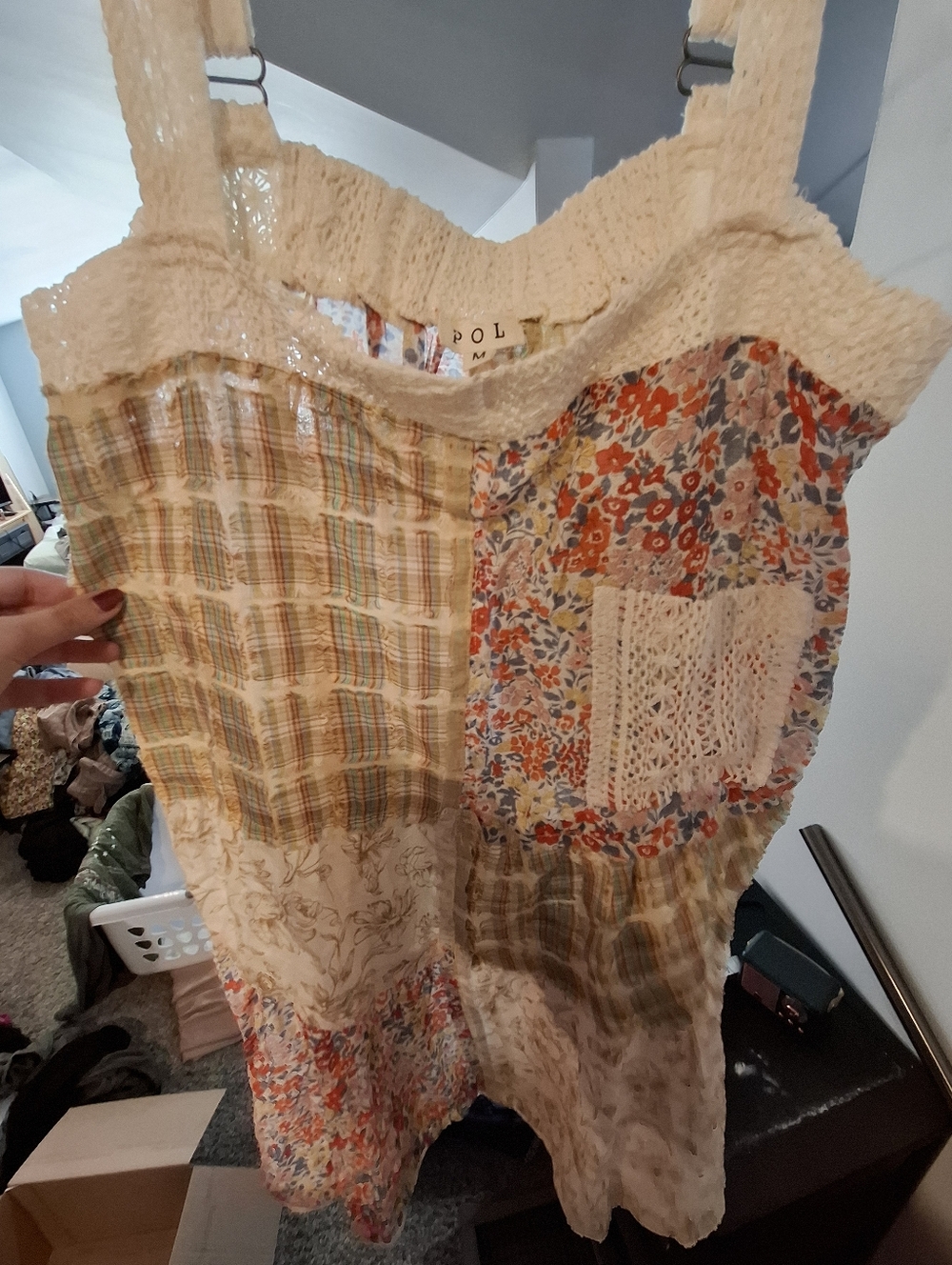 POL Boho Lace Trim & Patchwork Floral Plaid Mini Dress in Cream, Red, Blue NWOT - Picture 2 of 4